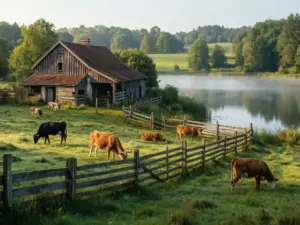 Agroturystyka ze zwierzętami nad jeziorem - gospodarstwo z pasącymi się zwierzętami przy brzegu jeziora w otoczeniu zieleni