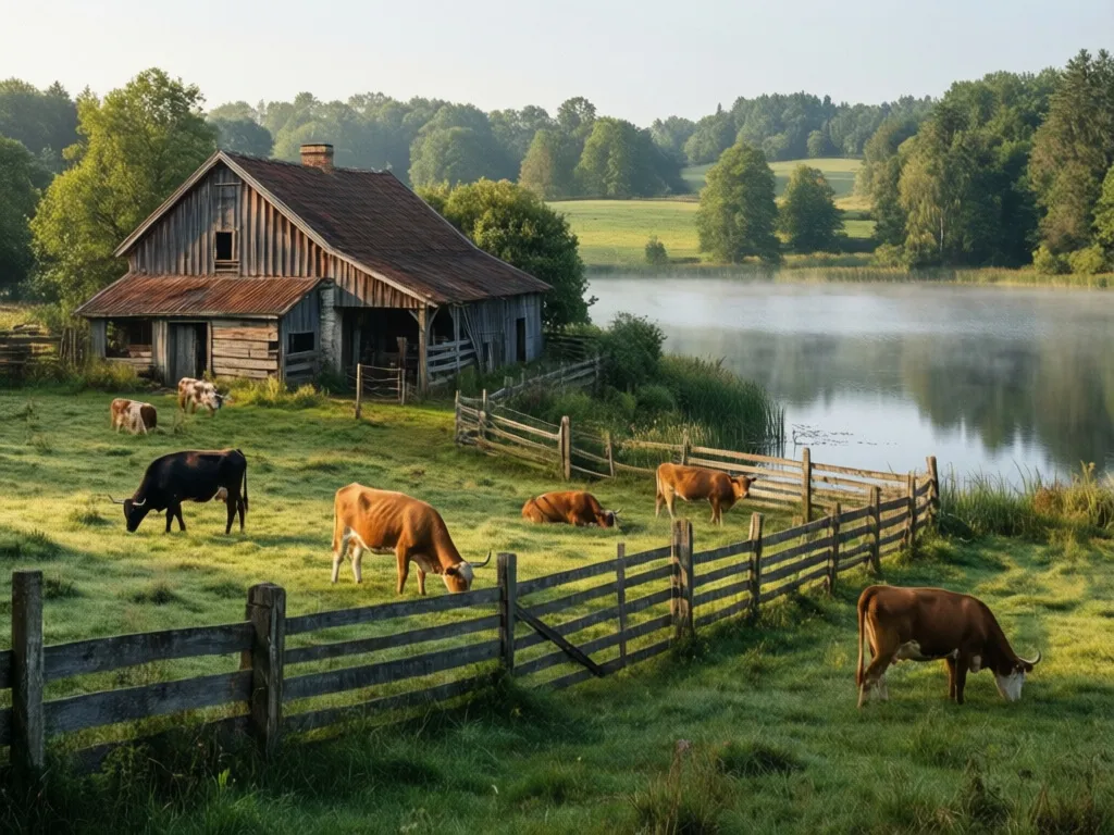 Agroturystyka ze zwierzętami nad jeziorem - gospodarstwo z pasącymi się zwierzętami przy brzegu jeziora w otoczeniu zieleni