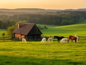 Agroturystyka ze zwierzętami pomorskie - malownicze gospodarstwo na Kaszubach z pasącymi się alpakami i końmi na łące