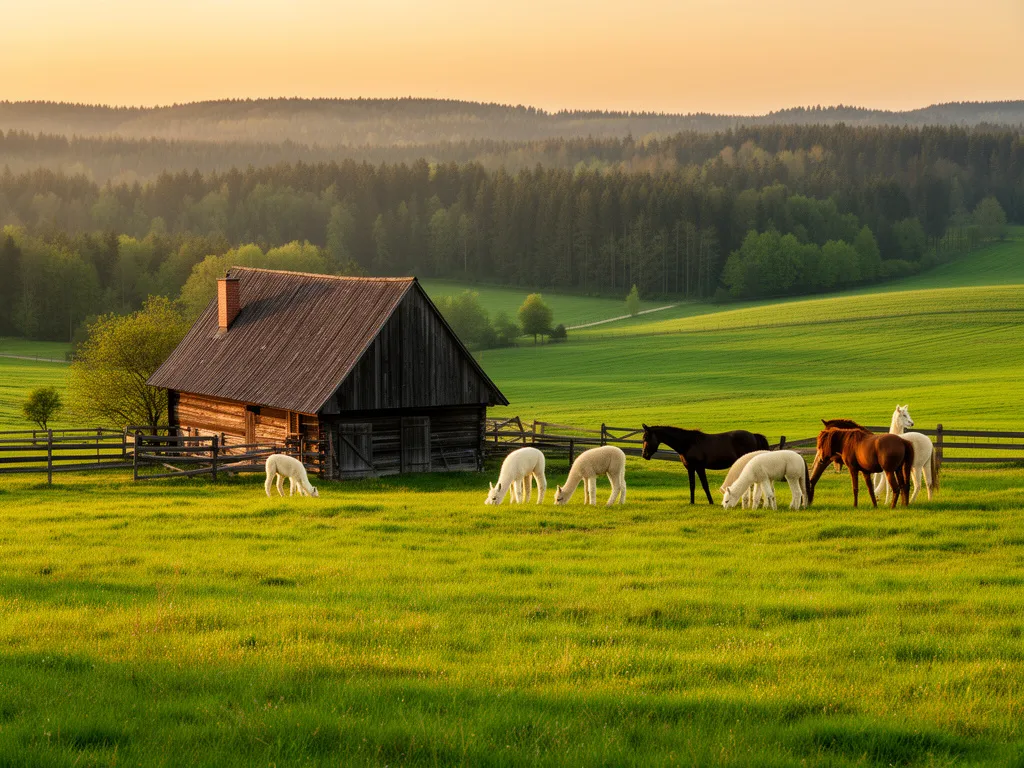 Agroturystyka ze zwierzętami pomorskie - malownicze gospodarstwo na Kaszubach z pasącymi się alpakami i końmi na łące