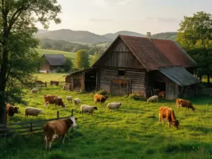 Agroturystyka ze zwierzętami śląskie - malownicze gospodarstwo z pasącymi się zwierzętami na tle zielonych łąk