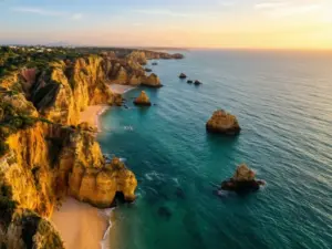 Algarve wakacje - malownicze złote klify i turkusowe wody oceanu na południowym wybrzeżu Portugalii