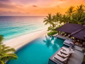 Luksusowy basen hotelowy z widokiem na ocean - wakacje all inclusive Bali w ekskluzywnym kurorcie nad plażą