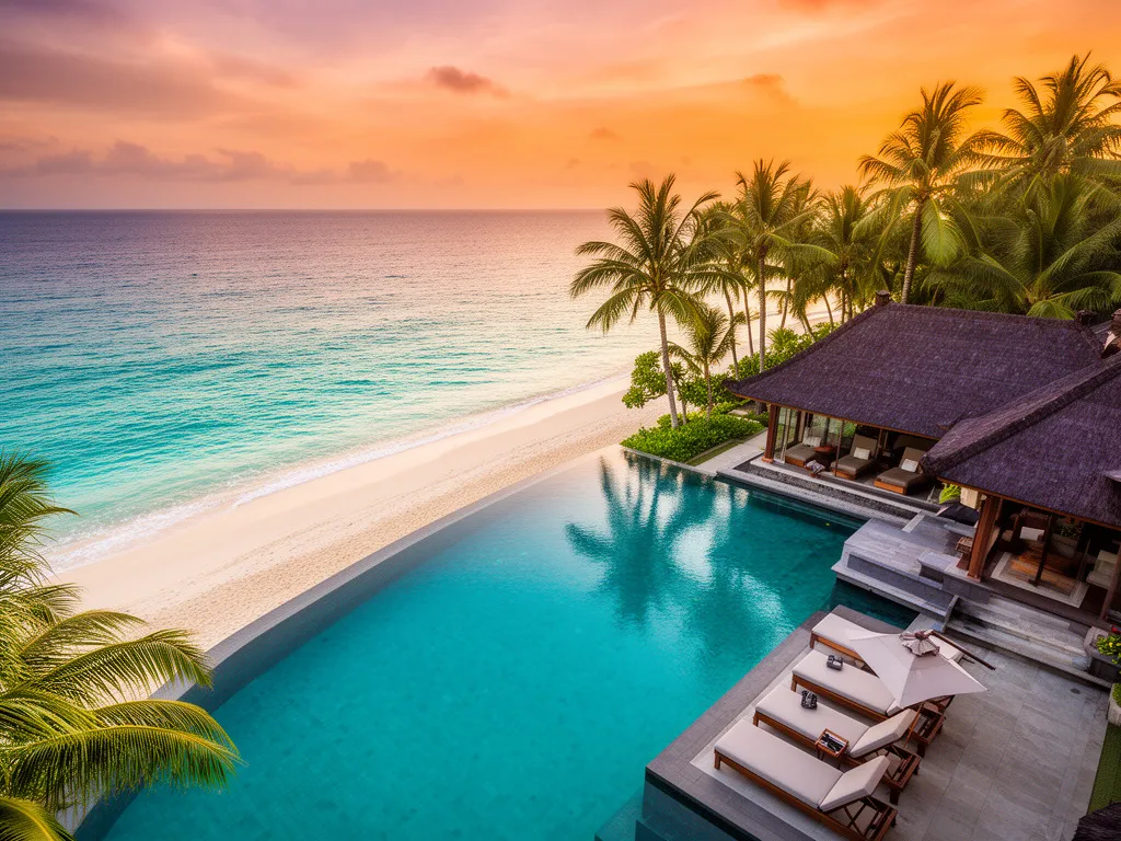 Luksusowy basen hotelowy z widokiem na ocean - wakacje all inclusive Bali w ekskluzywnym kurorcie nad plażą