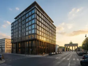 Widok na hotel all inclusive berlin z Bramą Brandenburską w tle podczas zachodu słońca