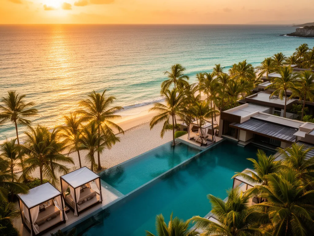 Luksusowy basen w all-inclusive resorts z widokiem na ocean i palmami o zachodzie słońca