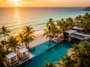 Luksusowy all inclusive resorts nad oceanem z basenem i palmami w tropikalnej scenerii