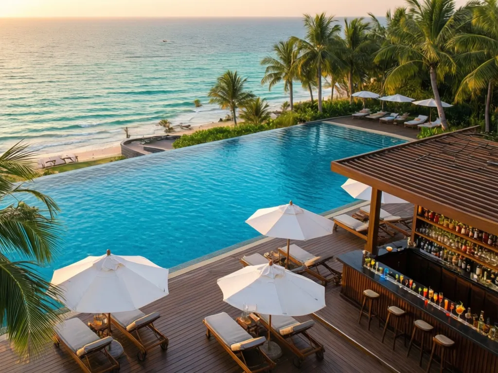 Luksusowy basen hotelowy z widokiem na ocean w ofercie all inclusive ultra z barem i leżakami