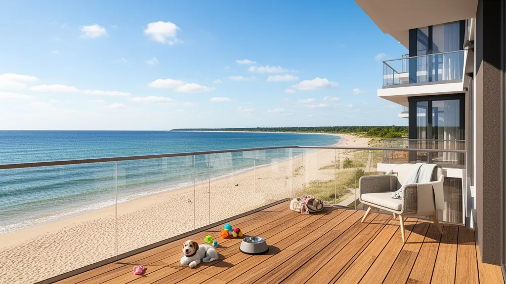 Widok z balkonu na plażę i morze - apartament nad morzem z psem na polskim wybrzeżu Bałtyku