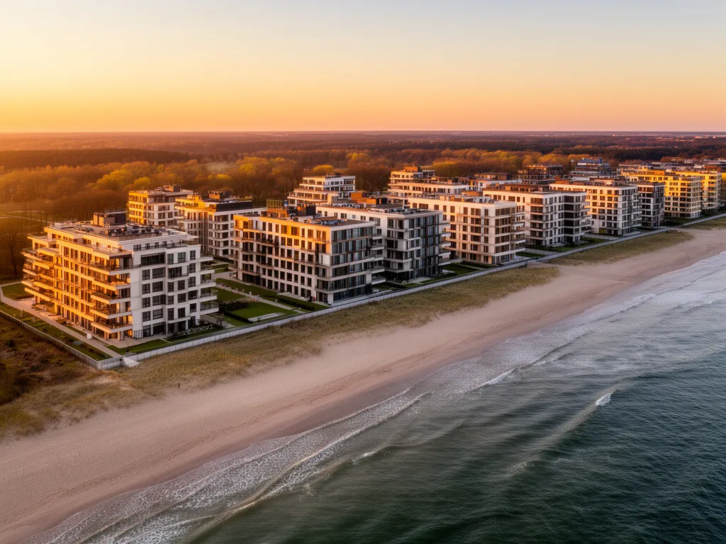 Nowoczesne apartamenty nad morzem Bałtyckim o zachodzie słońca z widokiem na plażę i spokojne fale morskie
