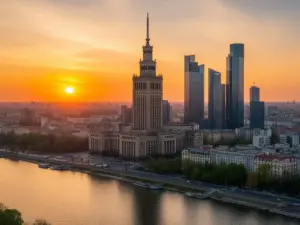 Panorama Warszawy z Pałacem Kultury i wieżowcami – lokalizacja apartamentów warszawa na wynajem krótkoterminowy
