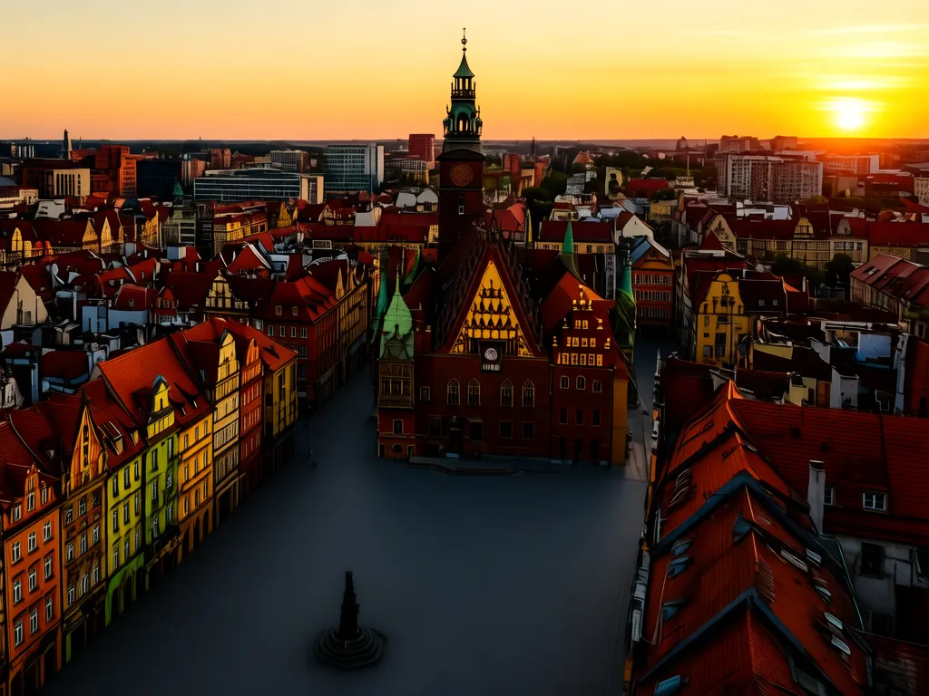 Apartamenty Wrocław - widok na Rynek z kolorowymi kamienicami i ratuszem w centrum miasta