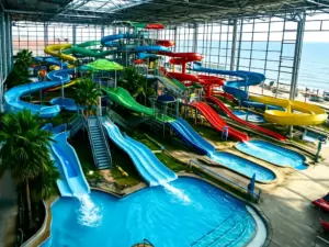 Aquapark nad morzem z kolorowymi zjeżdżalniami i basenami w polskim kurorcie nadmorskim