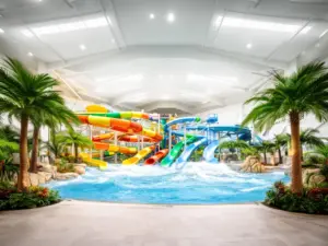 Nowoczesne wejście do aquaparku z kolorowymi zjeżdżalniami - aquapark reda bilety dostępne online i na miejscu
