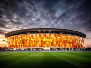 Arena Gdańsk – nowoczesny stadion piłkarski z charakterystyczną bursztynową elewacją widziany z zewnątrz