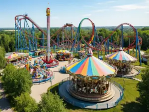Kolorowy park rozrywki z kolejkami górskimi - popularne atrakcje dla dzieci w Polsce