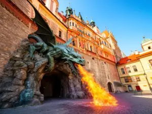 Smok Wawelski jako jedna z najpopularniejszych atrakcji dla dzieci Kraków - rzeźba ziejąca ogniem przy Wiśle