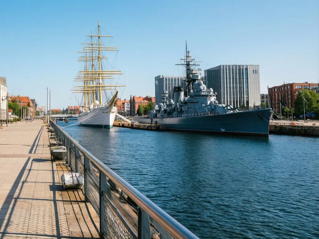 Atrakcje Gdynia - bulwar nadmorski z zabytkowym okrętem i nowoczesną architekturą miasta portowego