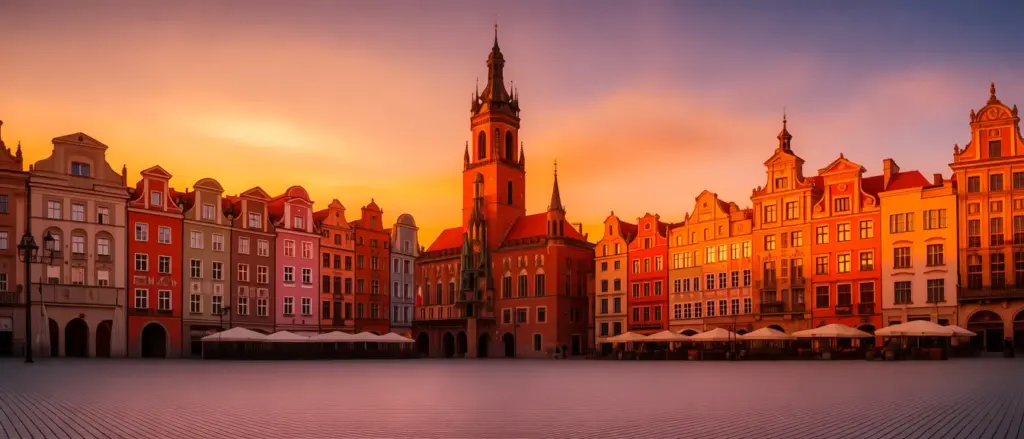 Atrakcje Wrocław - panorama Rynku ze Starym Ratuszem i kolorowymi kamienicami o zachodzie słońca
