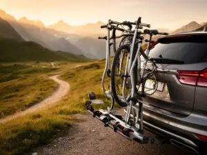 Bagażnik na rowery zamontowany na samochodzie gotowy do transportu rowerów na szlak górski