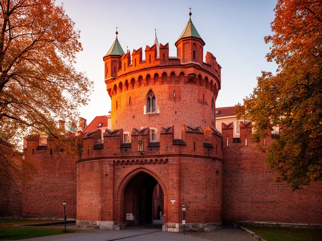 Barbakan Kraków – ceglana fortyfikacja obronna z XV wieku z charakterystycznymi blankami i basztami