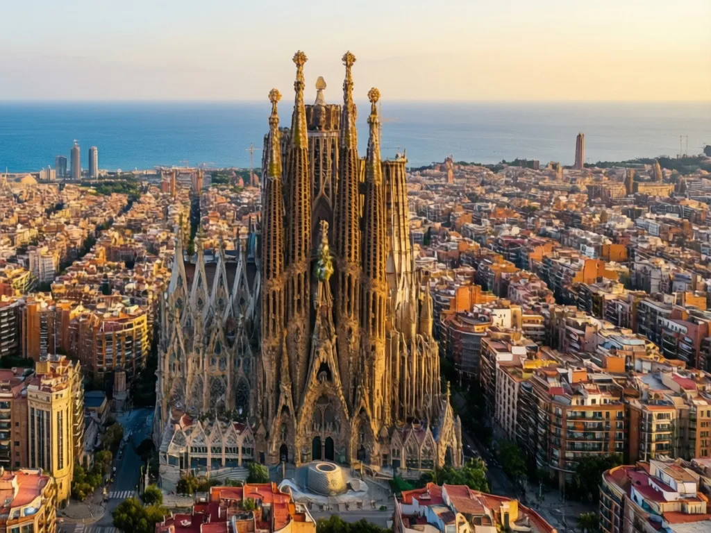 Barcelona miasto - panorama z Sagradą Familią i wybrzeżem Morza Śródziemnego w tle