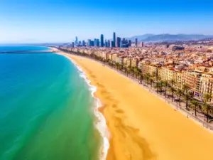 Barcelona plaża - widok na złoty piasek i lazurowe wody Morza Śródziemnego z palmami wzdłuż nadmorskiej promenady