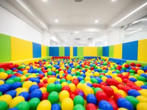 Kolorowy basen z kulkami dla dzieci wypełniony plastikowymi piłeczkami w centrum zabaw