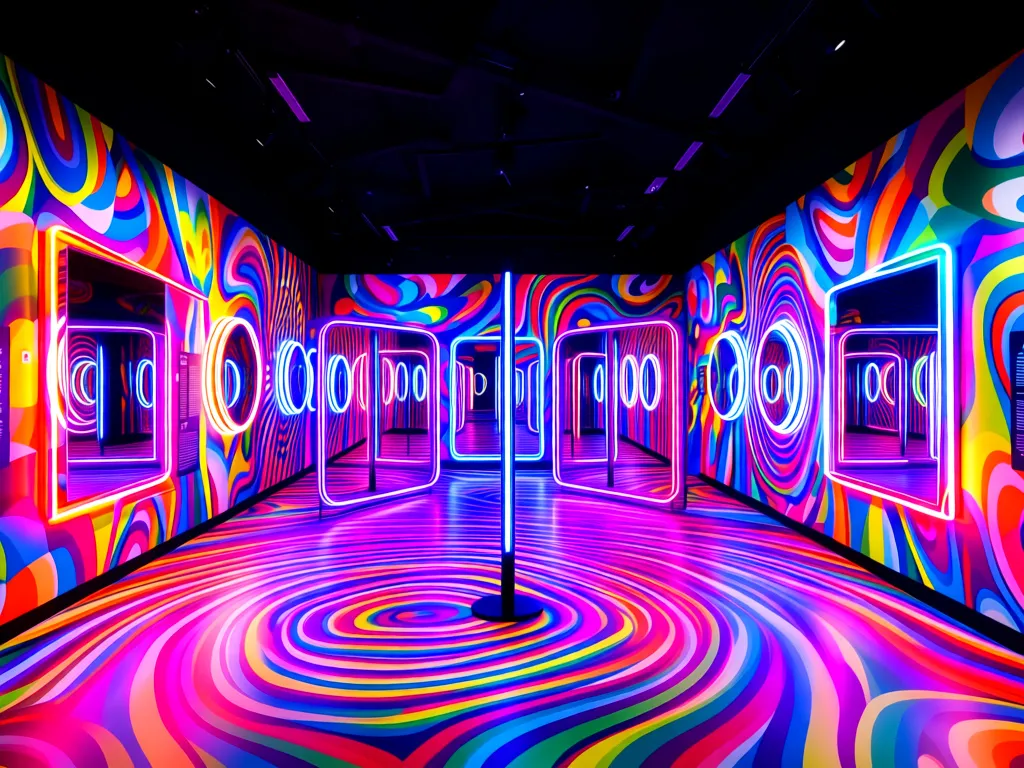Kolorowa instalacja artystyczna z iluzjami optycznymi w Be Happy Museum Warszawa - idealna przestrzeń do kreatywnych zdjęć