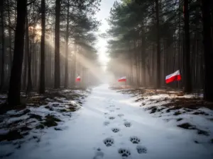 Leśna trasa biegu tropem wilczym 2026 - ścieżka przez polski las ze śladami wilczych łap na śniegu