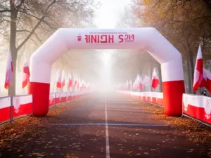 Trasa biegu z biało-czerwonymi flagami i jesiennymi liśćmi - biegi niepodległości 2026 w polskich miastach