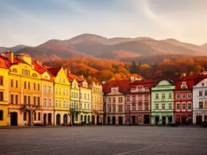 Bielsko-Biała atrakcje - rynek z kolorowymi kamienicami na tle Beskidu Śląskiego w jesiennej scenerii