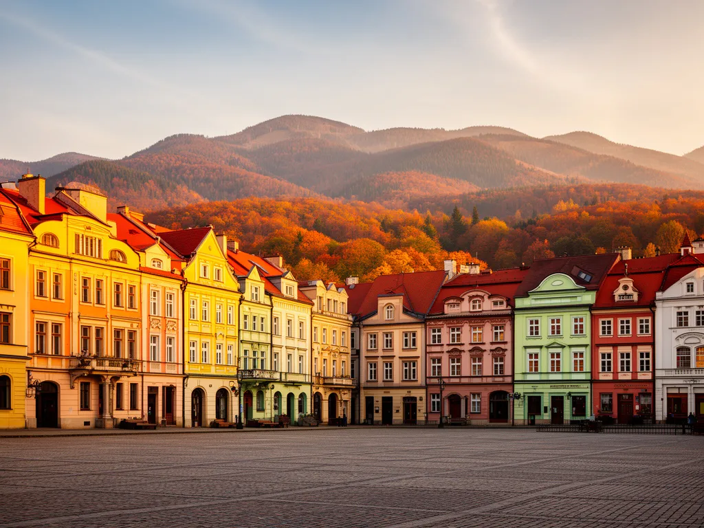 Bielsko-Biała atrakcje - rynek z kolorowymi kamienicami na tle Beskidu Śląskiego w jesiennej scenerii