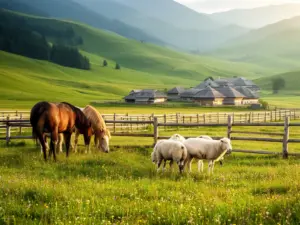 Bieszczady agroturystyka dla dzieci - malownicze gospodarstwo z pasącymi się końmi na tle zielonych połonin