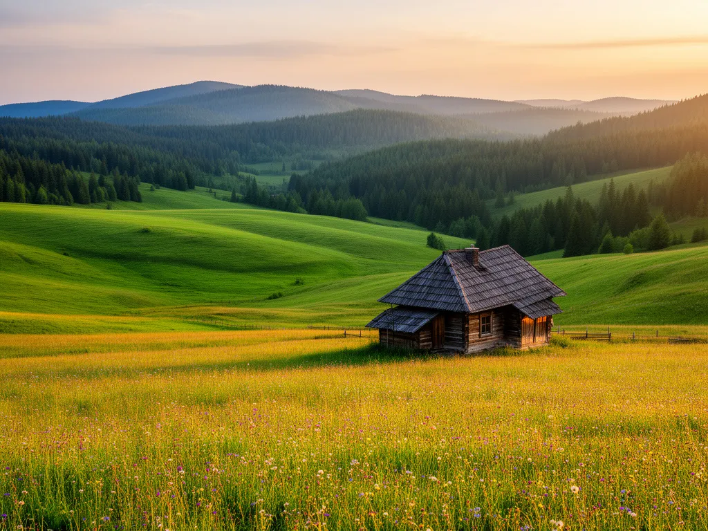 Bieszczady noclegi z psem - drewniany domek na tle górskich połonin idealny na wypoczynek ze zwierzętami