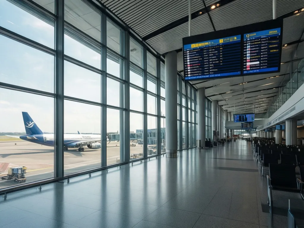 Nowoczesny terminal lotniska z widokiem na samoloty – bilety lot dostępne online w najlepszych cenach
