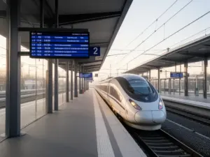 Nowoczesny peron kolejowy z pociągiem PKP - zakup bilety PKP online i podróżuj wygodnie po całej Polsce