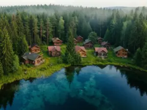 Bory Tucholskie noclegi - drewniane domki nad jeziorem wśród sosnowego lasu w Borach Tucholskich