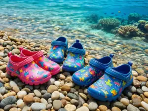 Buty do wody dla dzieci ułożone na kamienistej plaży przy brzegu morza – ochrona stóp podczas kąpieli
