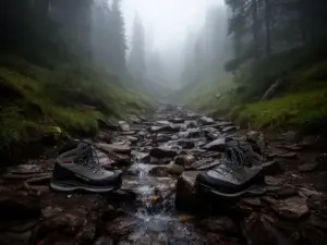 Mokry górski szlak idealny do testowania butów gore tex w trudnych warunkach terenowych