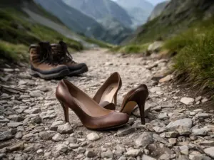 Buty na obcasie porzucone na górskim szlaku jako symbol niewłaściwego obuwia turystycznego