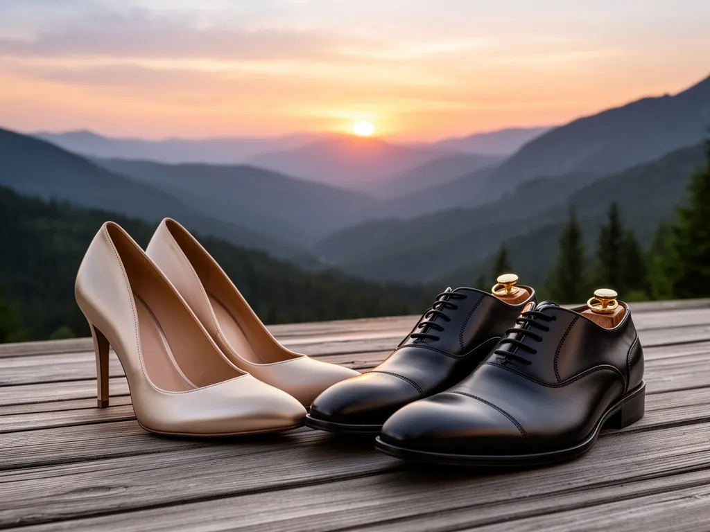 Eleganckie buty na studniówkę ustawione na drewnianym tarasie z widokiem na góry