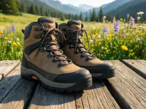 Buty na wiosnę damskie wyeksponowane na tle kwitnącej górskiej łąki i szlaków turystycznych w porannym słońcu
