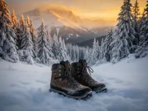 Profesjonalne buty na zimę do trekkingu górskiego na ośnieżonym szlaku wśród zaśnieżonych szczytów alpejskich