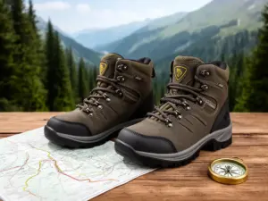 Buty ortopedyczne dla dzieci turystyczne na tle mapy szlaków górskich i leśnych