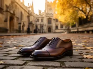 Buty oxfordy na brukowanej ulicy w centrum Oxfordu z historyczną architekturą w tle