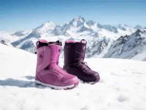 Damskie buty snowboardowe na tle ośnieżonego stoku górskiego - profesjonalny sprzęt do snowboardu dla kobiet