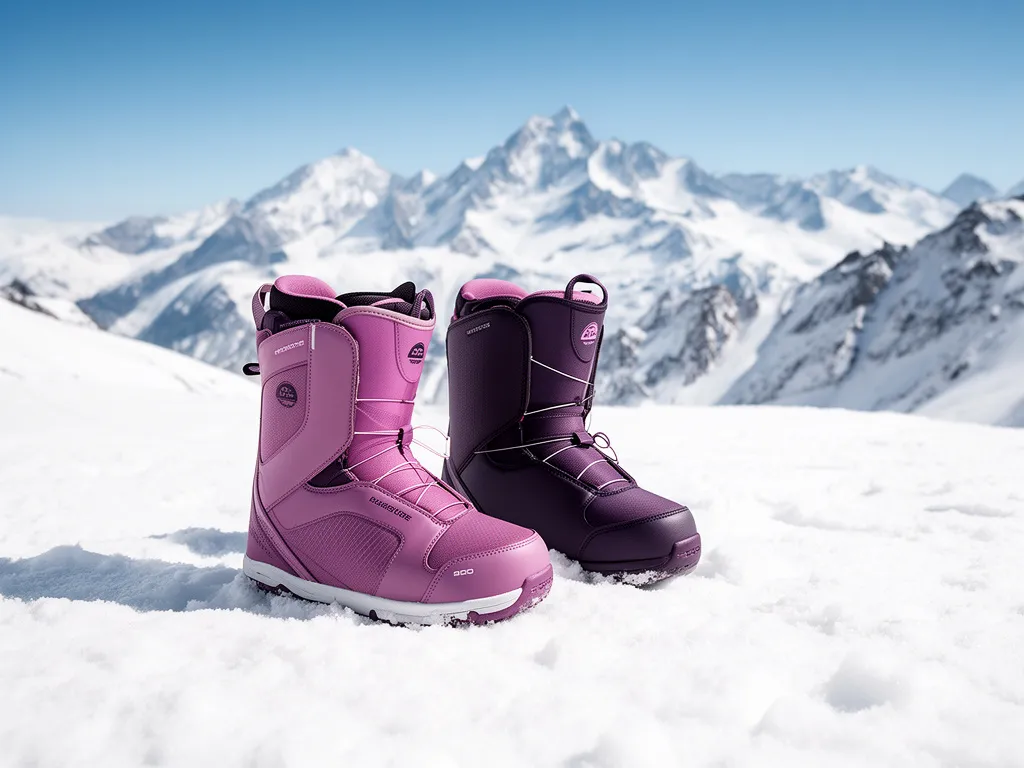 Damskie buty snowboardowe na tle ośnieżonego stoku górskiego - profesjonalny sprzęt do snowboardu dla kobiet