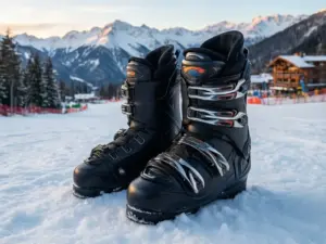 Buty snowboardowe męskie na tle ośnieżonych gór i stoku narciarskiego w zimowym krajobrazie