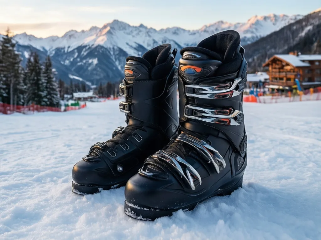 Buty snowboardowe męskie na tle ośnieżonych gór i stoku narciarskiego w zimowym krajobrazie
